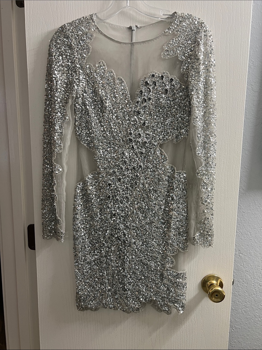 Silver Sequin Long-Sleeve Mesh Cocktail Dress